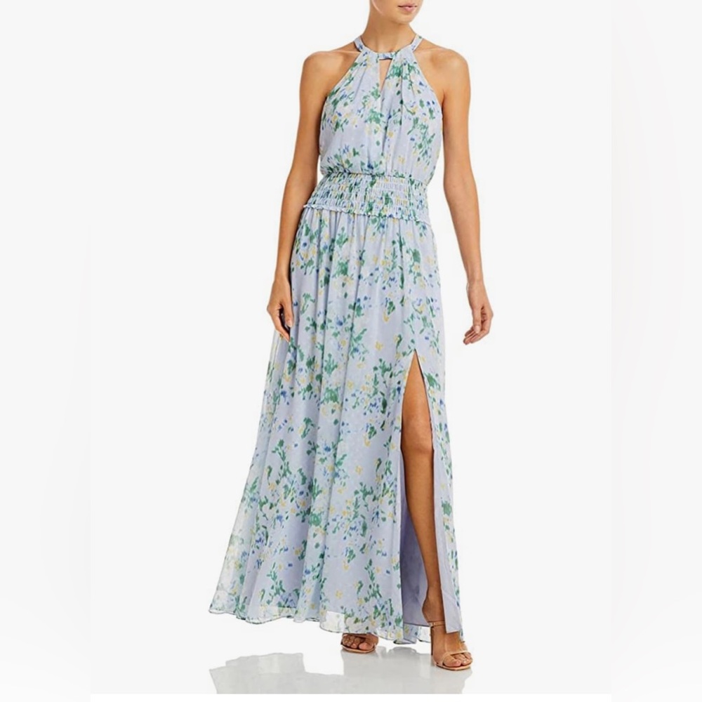 BCBGMAXAZRIA Halter Neck Smocked Waist Side Slit Maxi Evening Dress
